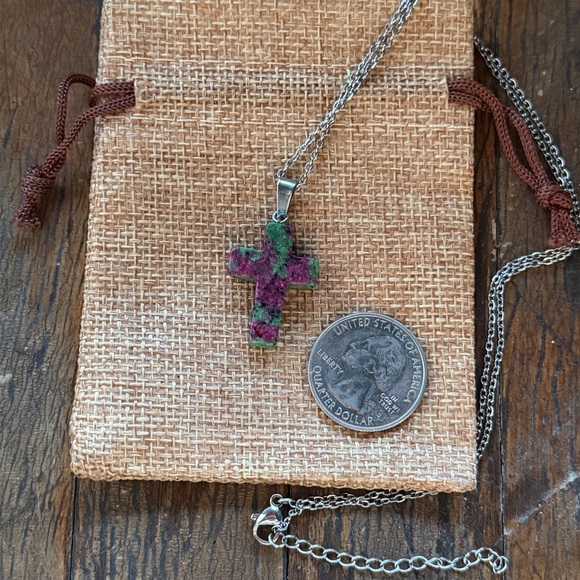 Ruby Zoisite Cross Necklace Ruby in Zoisite Necklace Genuine Crystal Necklace - Picture 2 of 2